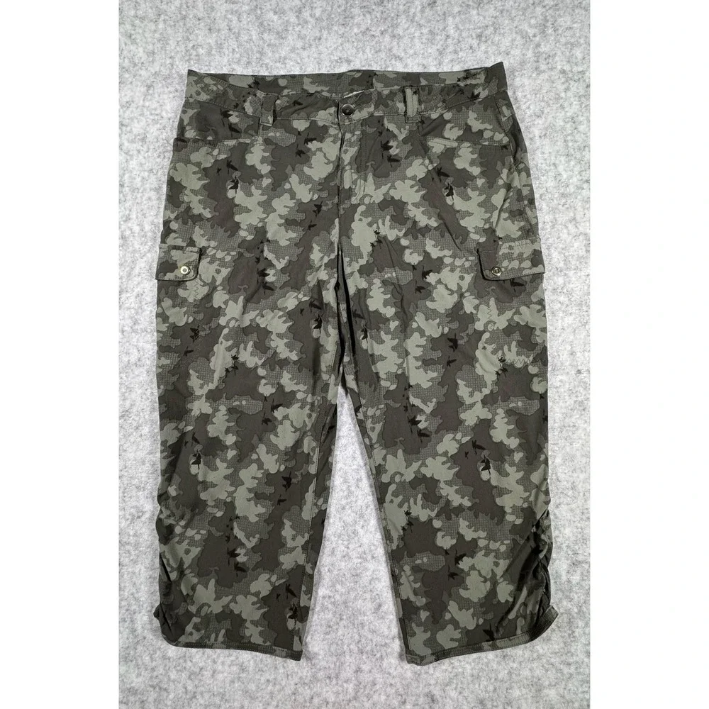 Eddie Bauer Travex Pants Womens 14 Green Camo Capri Stretch Ruched Lightweight